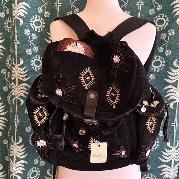Free People Versailles Suede Black And Gold Embroidered Backpack NWT - Picture 8 of 11